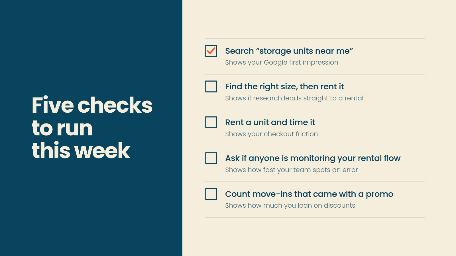 Checklist of five actionable website and rental flow tests for storage facility operators