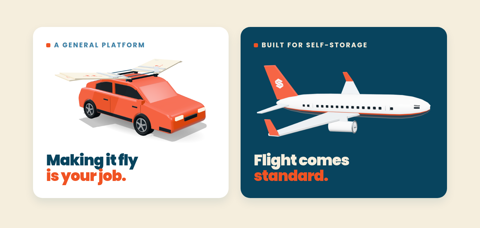 Comparison showing car with makeshift wings versus airplane illustrating general platform versus purpose-built solution