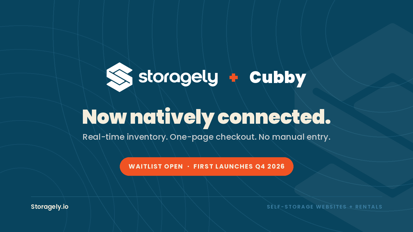 Storagely and cubby logos with text announcing native integration and Q4 2026 launch