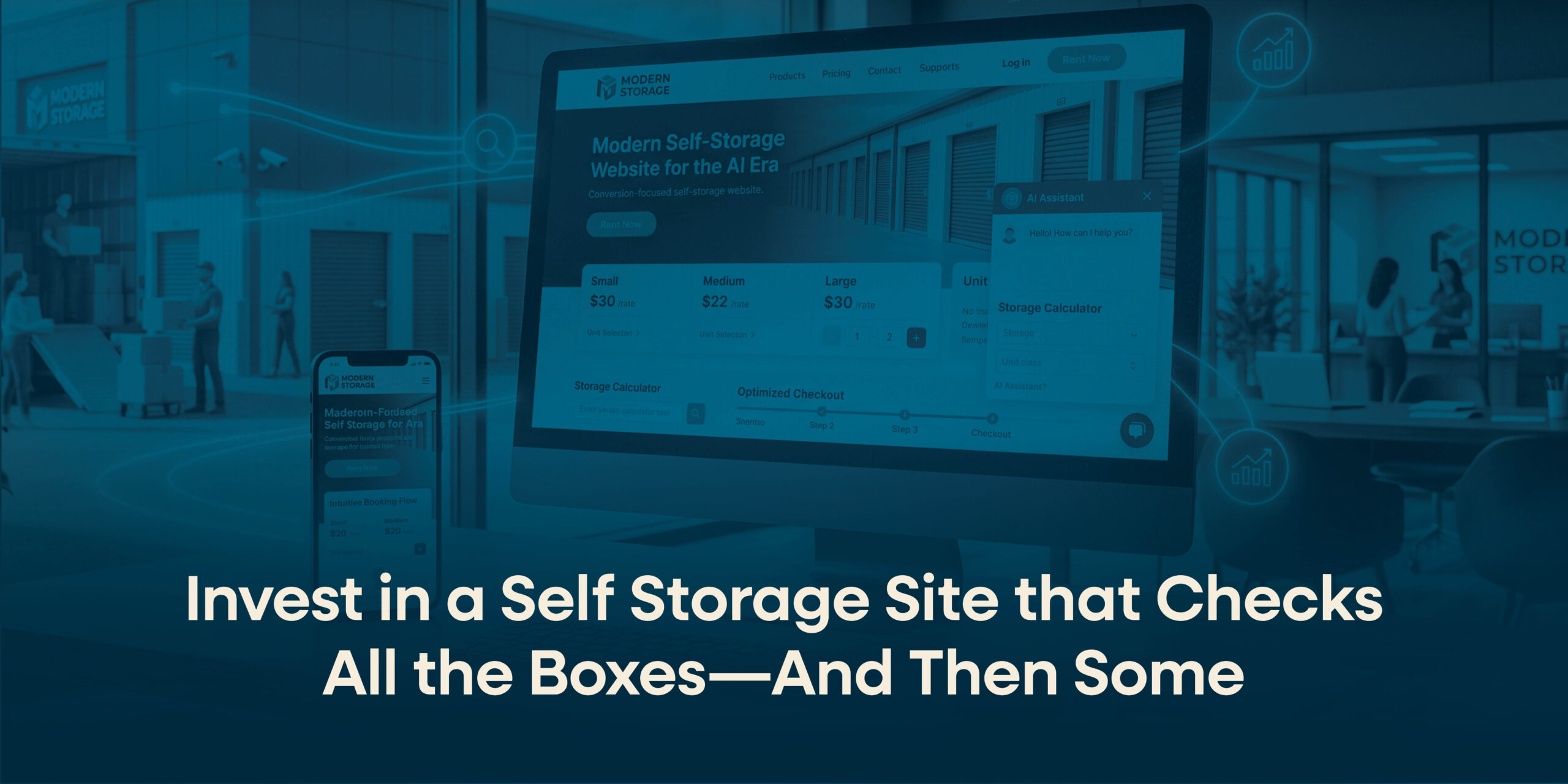 Self storage website on computer checking boxes. 