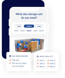 Storage Size Guide giving storage unit size recommendations.