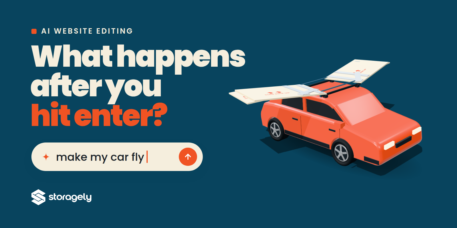 Illustration showing car with wings added above prompt asking to make car fly demonstrating AI website editing limitations