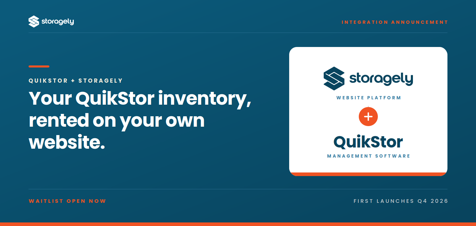 Storagely and QuikStor integration announcement banner with logos showing rented inventory on operator websites