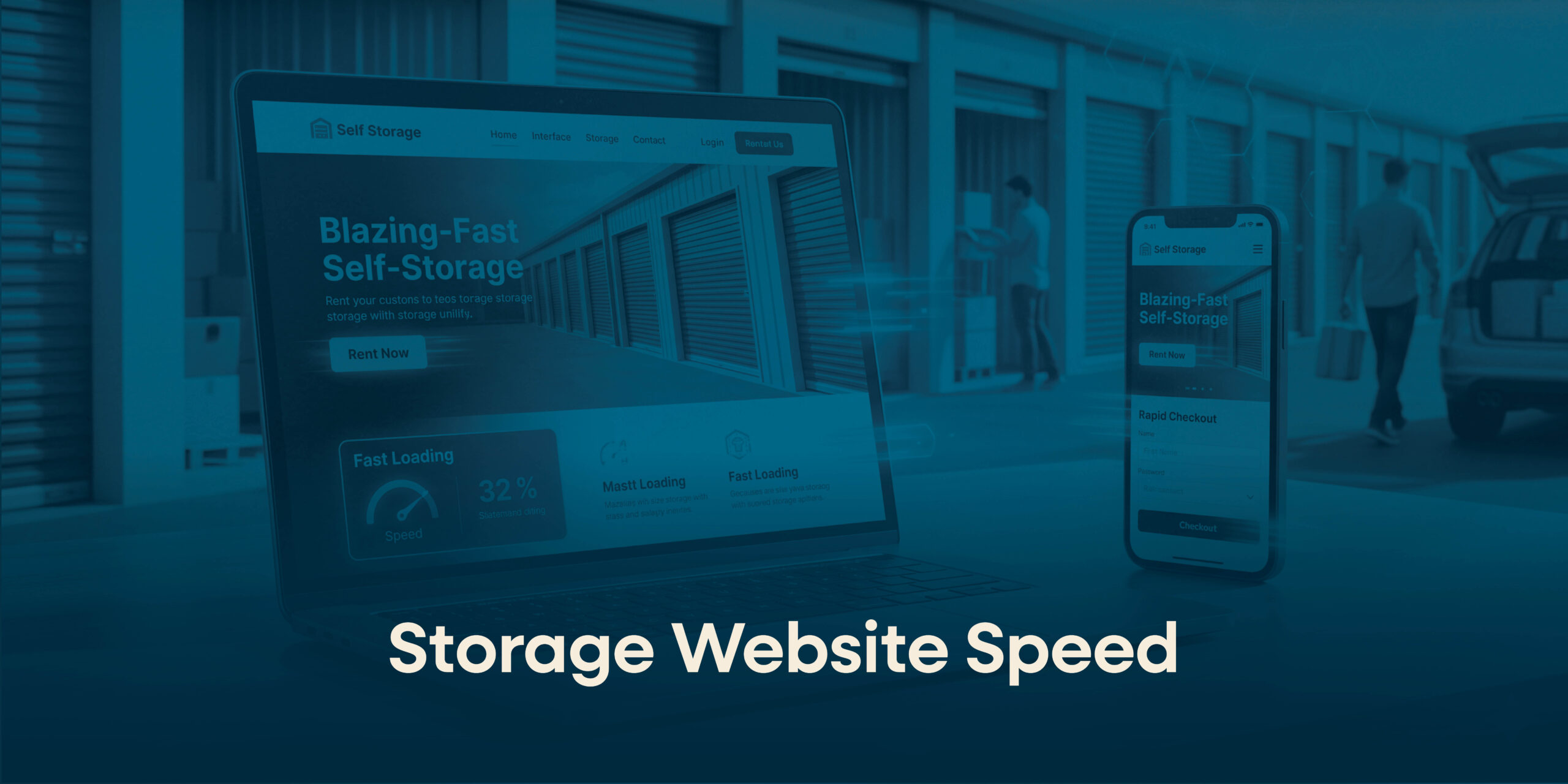 Storage website speed text below computer and self storage units. 