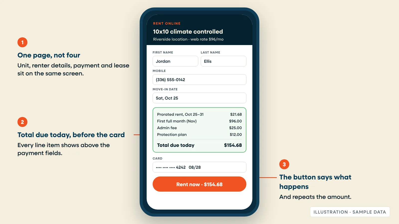 Phone showing a self storage checkout with an itemized total due today above the card fields