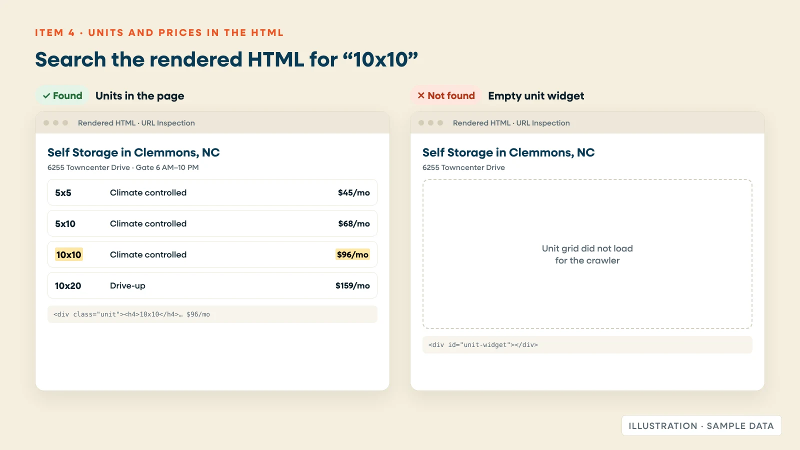 Two rendered versions of a storage location page, one listing unit sizes and prices, one showing an empty unit box